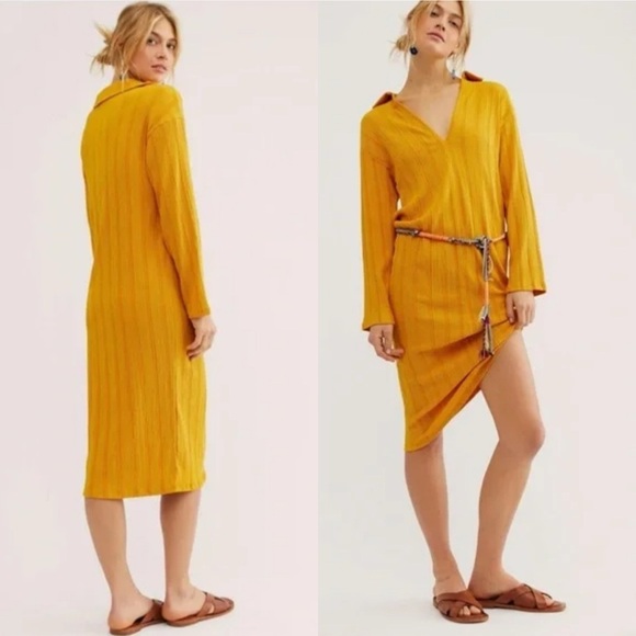 FP BEACH Textured Midi Tee Shirt Dress in Marigold Size Large - Picture 1 of 13